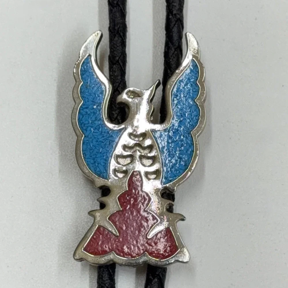 Vtg SSI Thunderbird Bolo Tie Silver‎ Tone Blue Red Enamel Western Southwestern